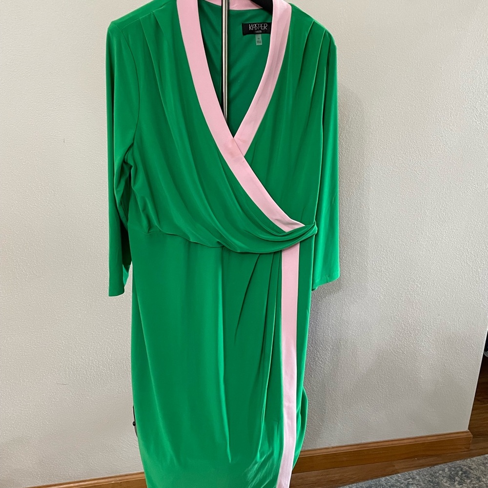 Kasper Green and Pink Long Sleeve Sheath Dress